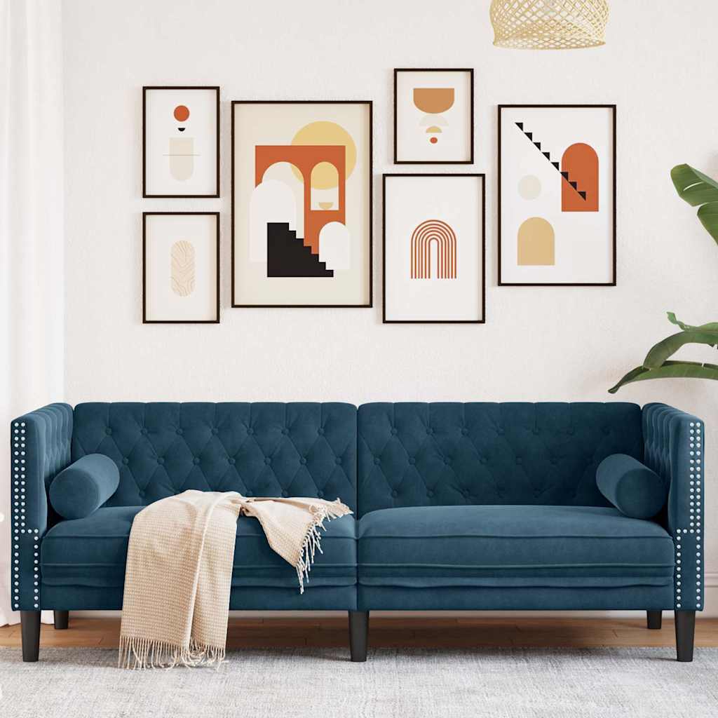 vidaXL Sofa Chesterfield z wałkami, trzyosobowa, niebieska, aksamit