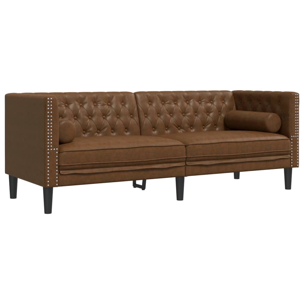 vidaXL Sofa Chesterfield z wałkami, 3-os., brązowa, sztuczny zamsz