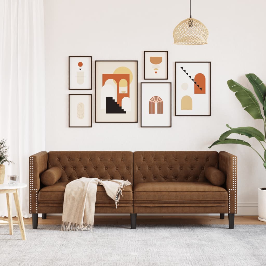 vidaXL Sofa Chesterfield z wałkami, 3-os., brązowa, sztuczny zamsz
