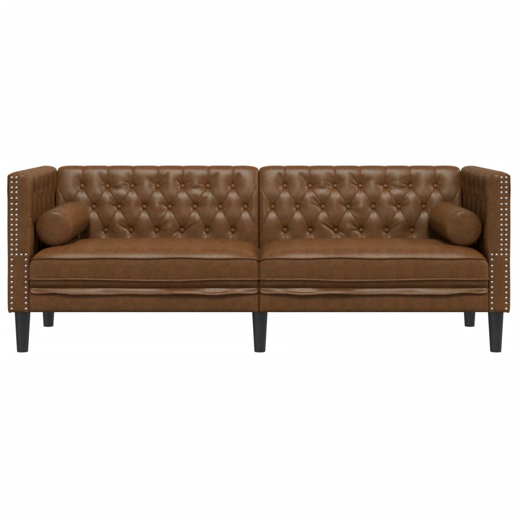 vidaXL Sofa Chesterfield z wałkami, 3-os., brązowa, sztuczny zamsz