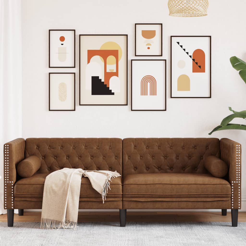 vidaXL Sofa Chesterfield z wałkami, 3-os., brązowa, sztuczny zamsz