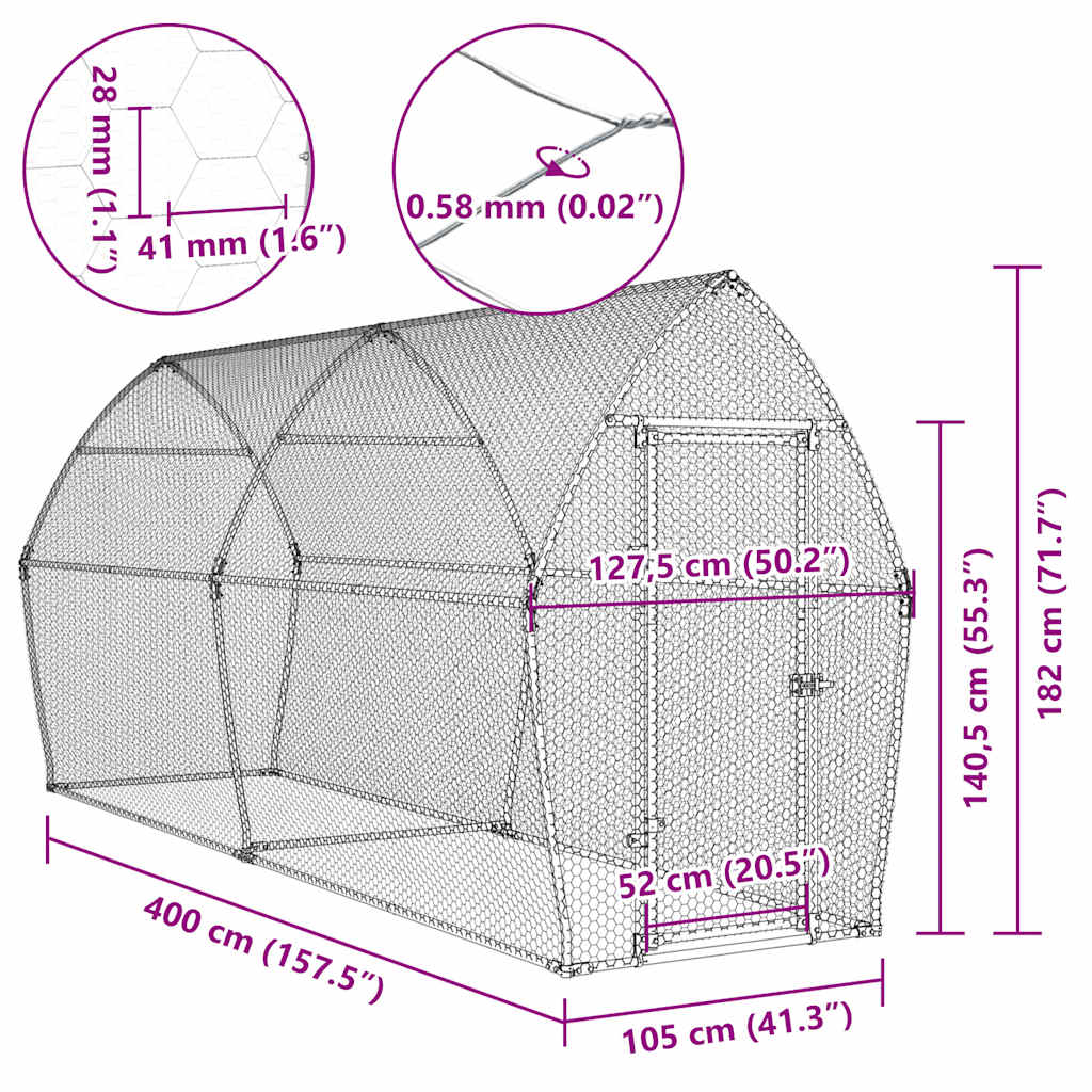 vidaXL Klatka dla kurcząt, srebrna, 400x105x182 cm, stal galwanizowana