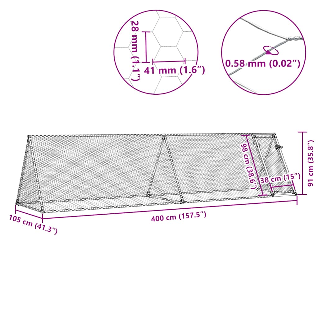 vidaXL Klatka dla kurcząt, srebrna, 400x105x91 cm, stal galwanizowana