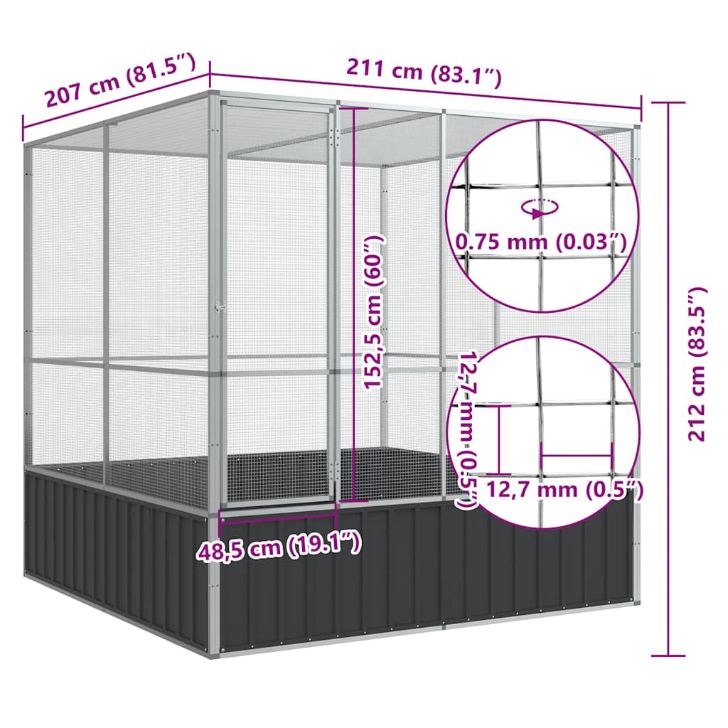 vidaXL Woliera, srebrna, 211x207x212 cm, stal