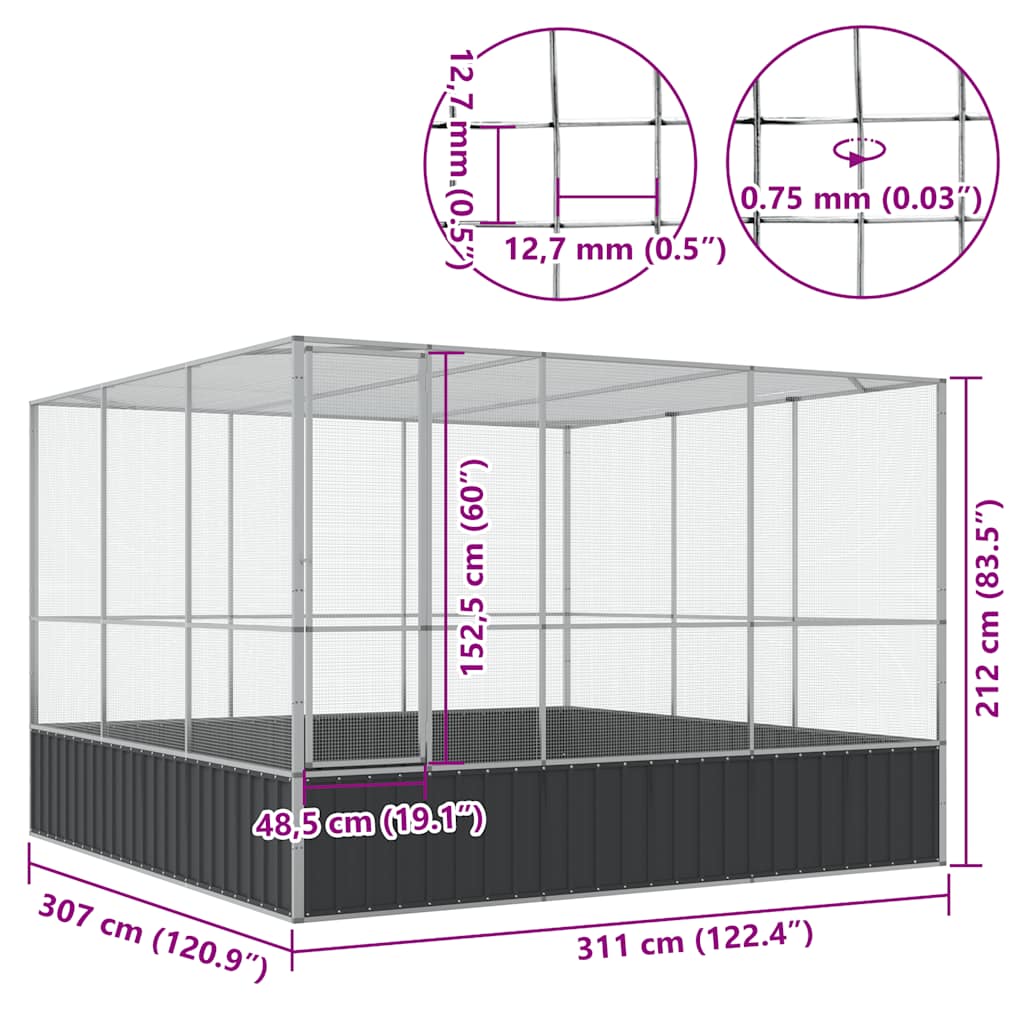 vidaXL Woliera, srebrna, 311x307x212 cm, stal