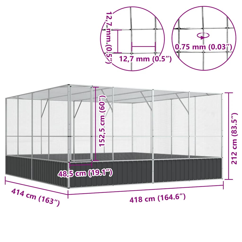 vidaXL Woliera, srebrna, 418x414x212 cm, stal