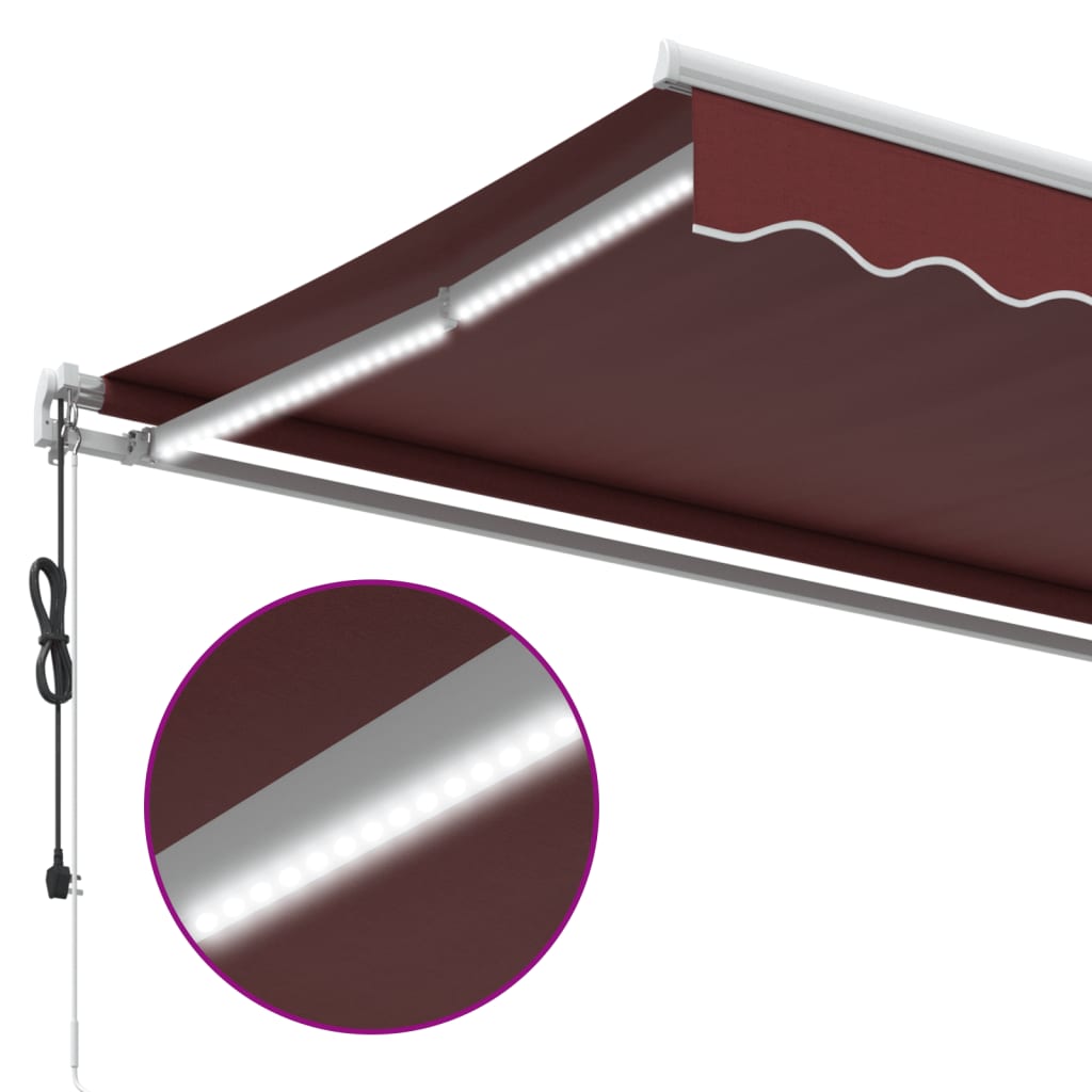 vidaXL Automatycznie zwijana markiza z LED, burgundowa, 450x350 cm