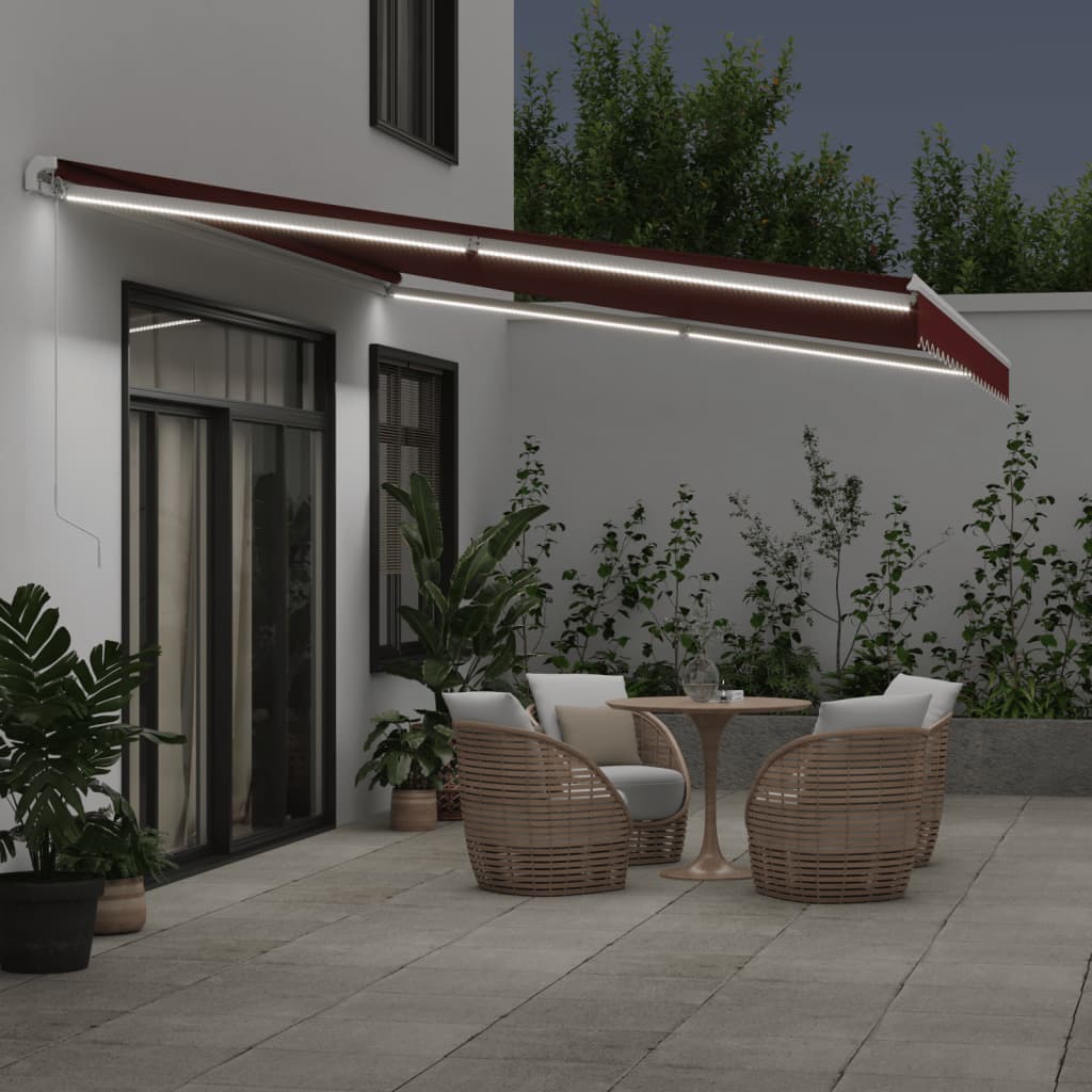vidaXL Ręcznie zwijana markiza z LED, burgundowa, 500x350 cm