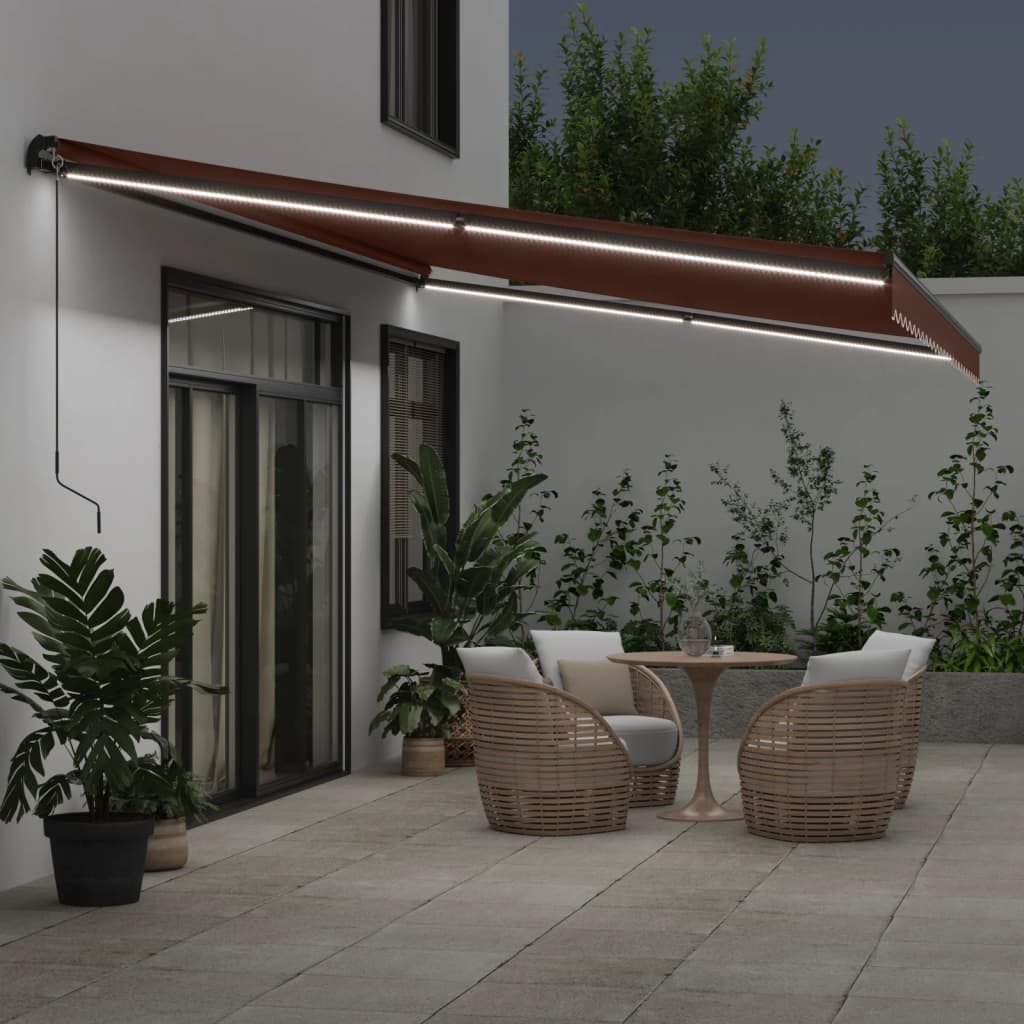 vidaXL Ręcznie zwijana markiza z LED, brązowa, 600x350 cm