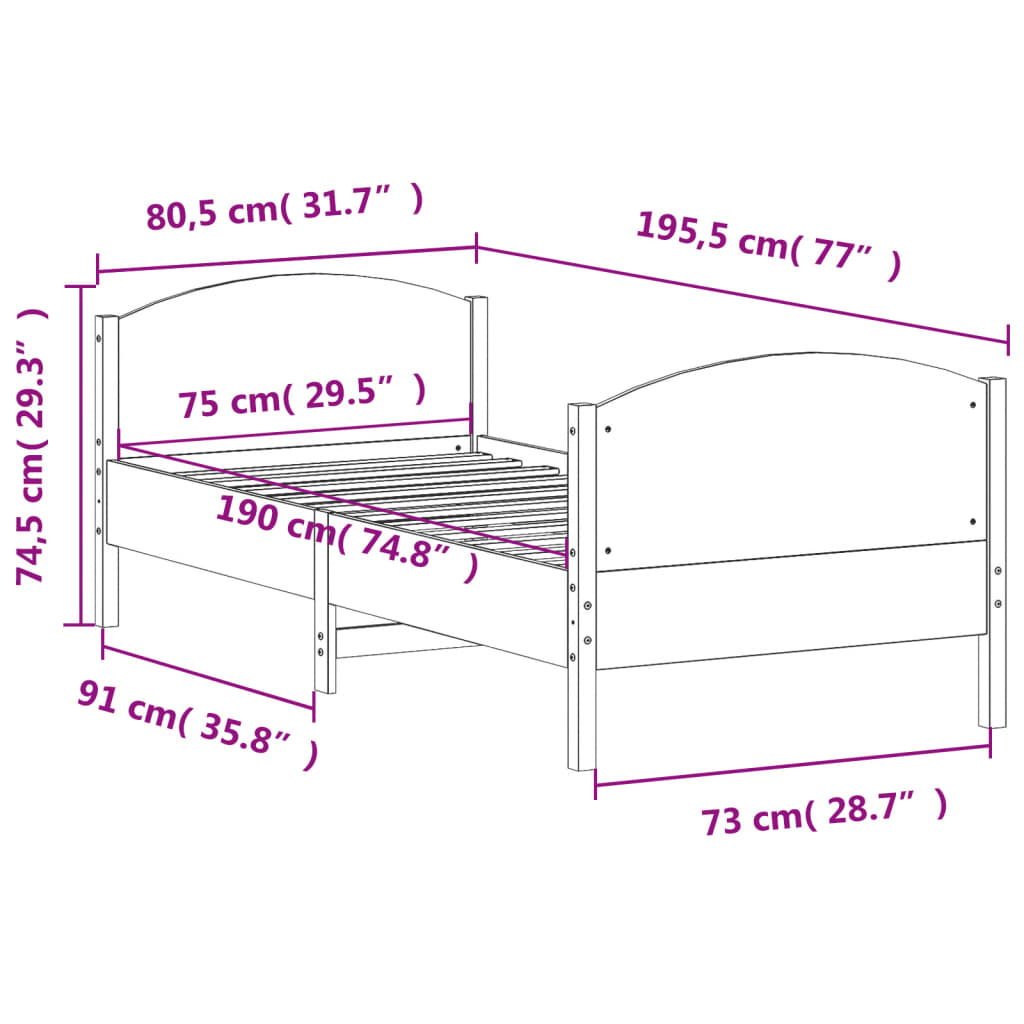 vidaXL Rama łóżka bez materaca, biała, 75x190 cm, lite drewno sosnowe