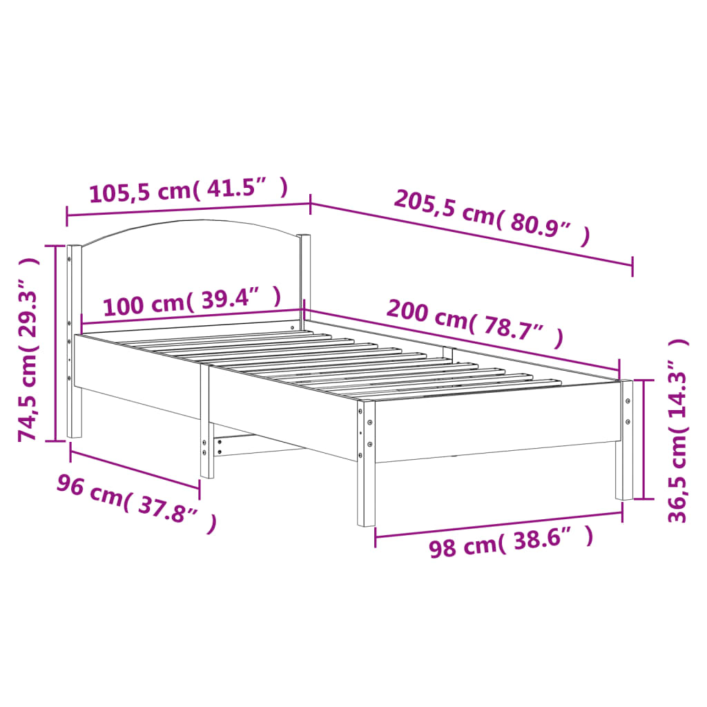 vidaXL Rama łóżka bez materaca, 100x200 cm, lite drewno sosnowe