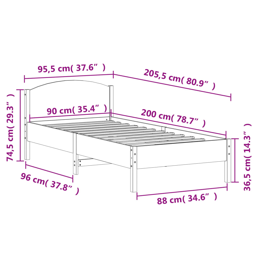 vidaXL Rama łóżka bez materaca, biała, 90x200 cm, lite drewno sosnowe