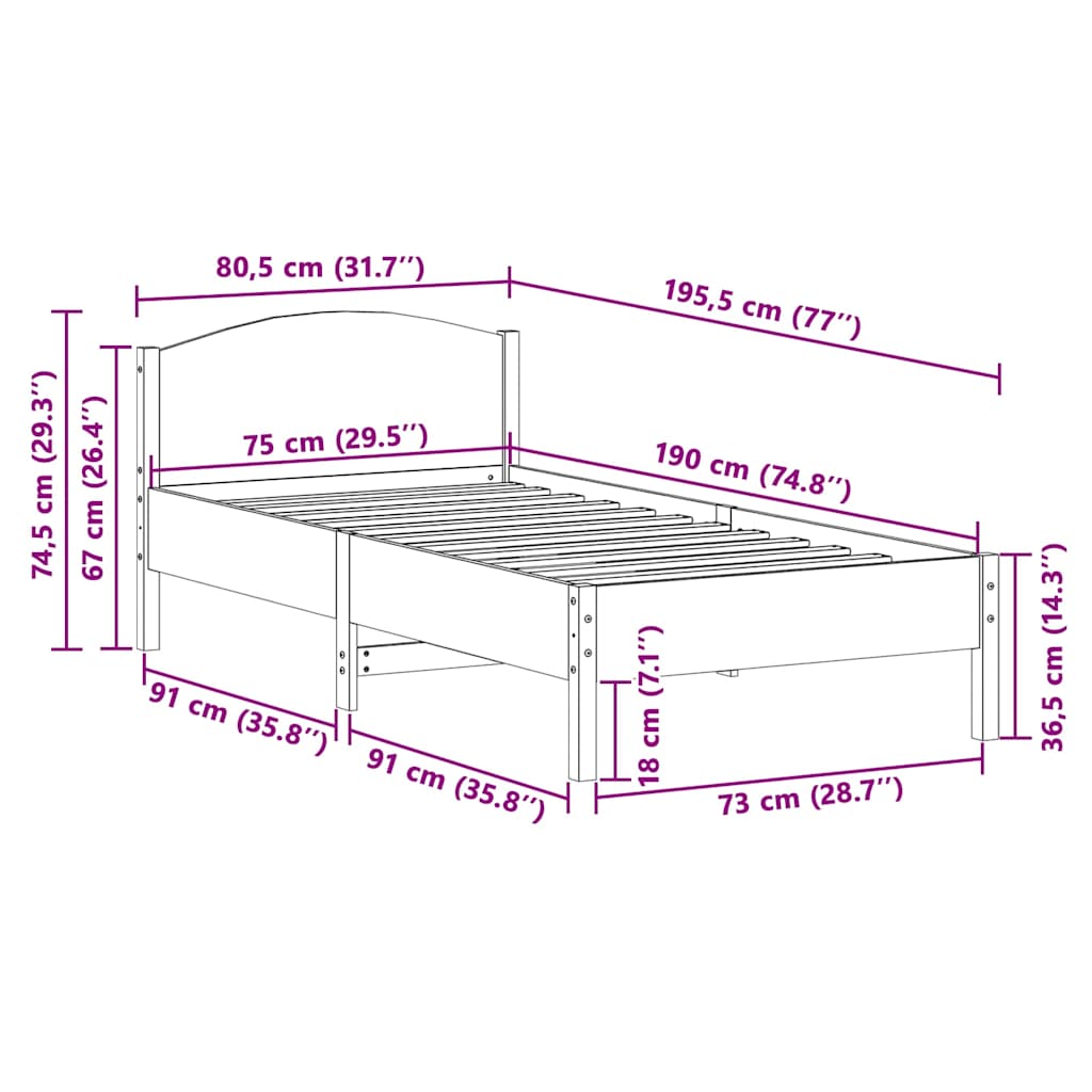 vidaXL Rama łóżka bez materaca, 75x190 cm, lite drewno sosnowe