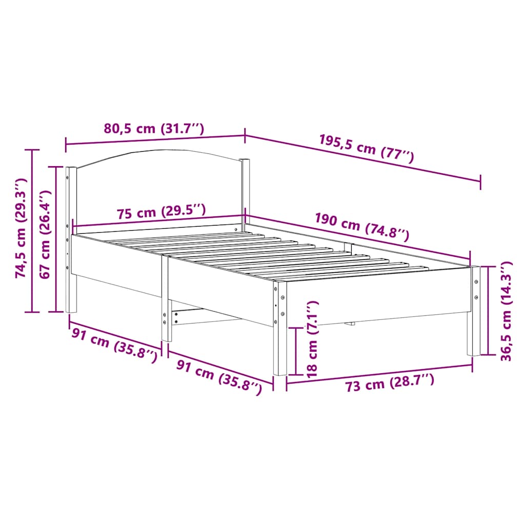 vidaXL Rama łóżka bez materaca, biała, 75x190 cm, lite drewno sosnowe