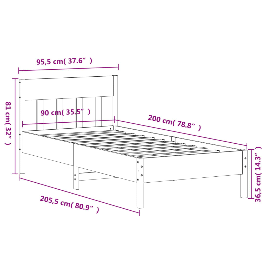 vidaXL Rama łóżka bez materaca, biała, 90x200 cm, lite drewno sosnowe