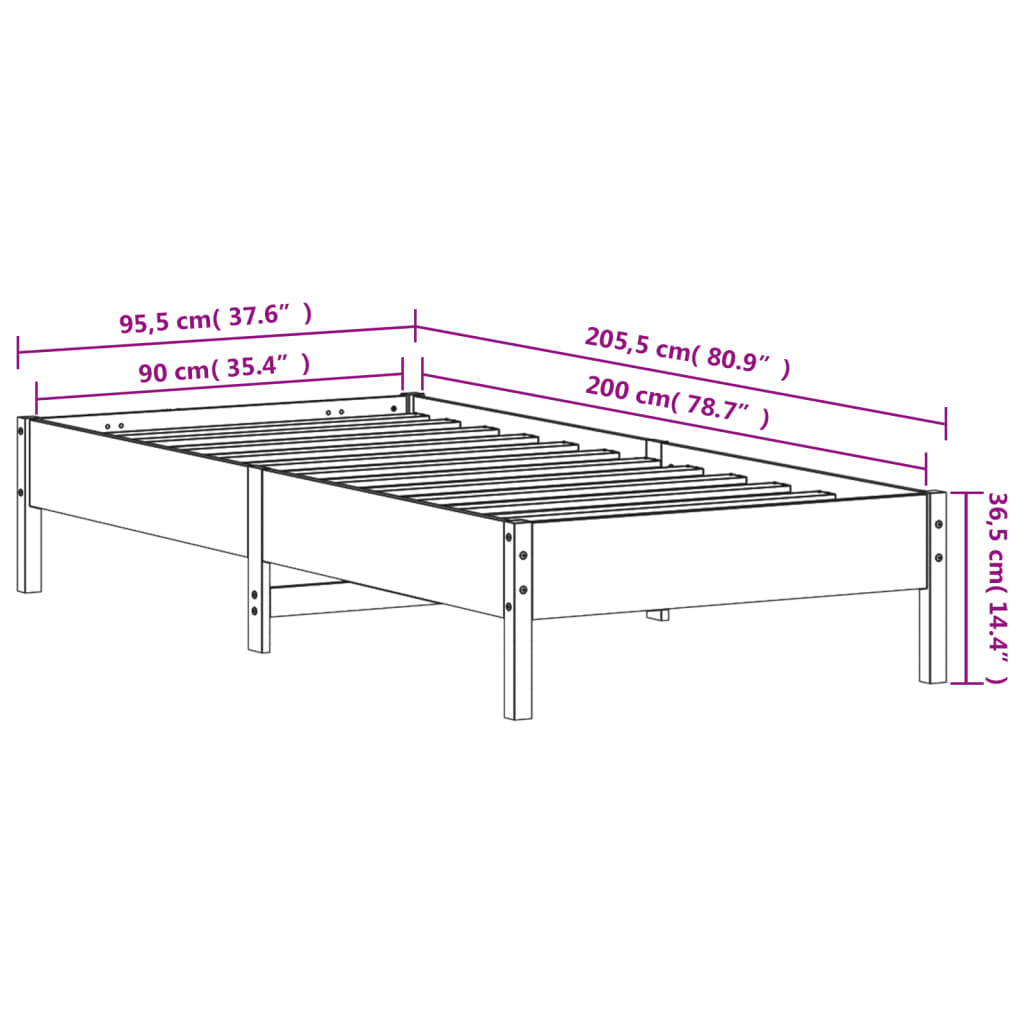 vidaXL Rama łóżka bez materaca, biała, 90x200 cm, lite drewno sosnowe