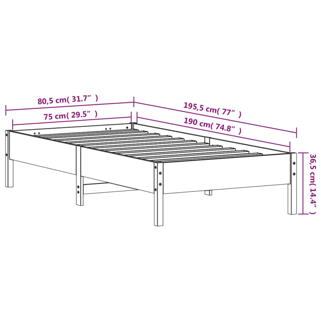 vidaXL Rama łóżka bez materaca, 75x190 cm, lite drewno sosnowe