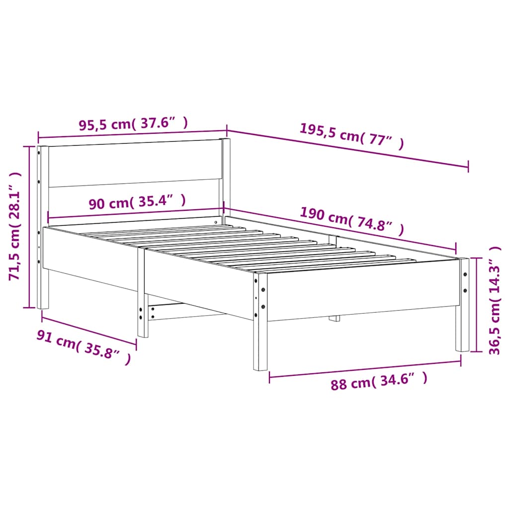 vidaXL Rama łóżka bez materaca, biała, 90x190 cm, lite drewno sosnowe