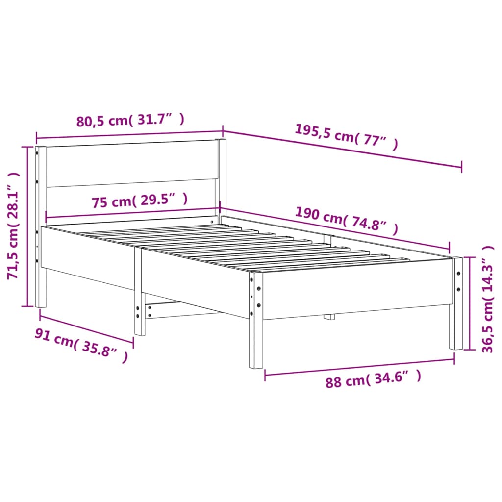 vidaXL Rama łóżka bez materaca, biała, 75x190 cm, lite drewno sosnowe
