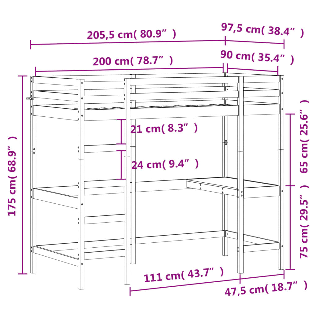vidaXL Łóżko na antresoli, z biurkiem, 90x200 cm, lite drewno sosnowe