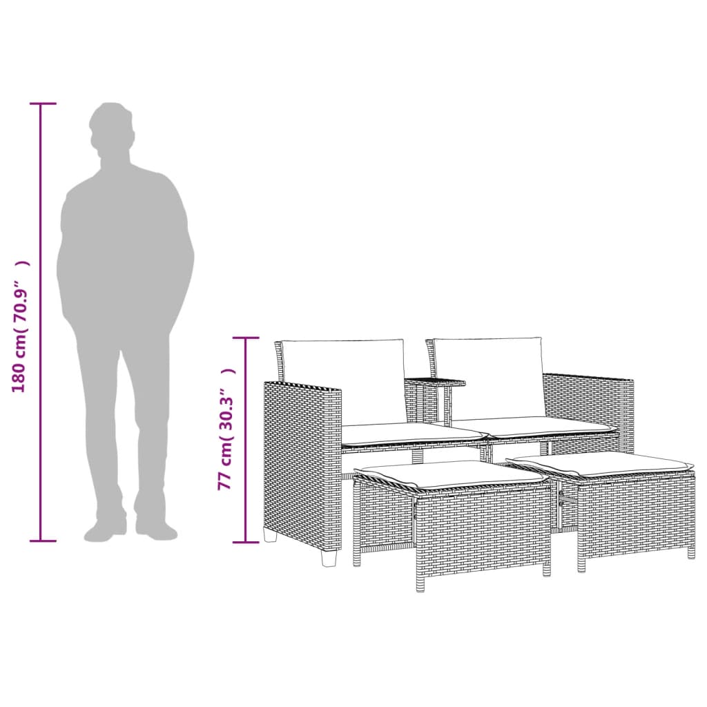 vidaXL 2-os. sofa ogrodowa ze stolikiem i stołkami, brąz, polirattan