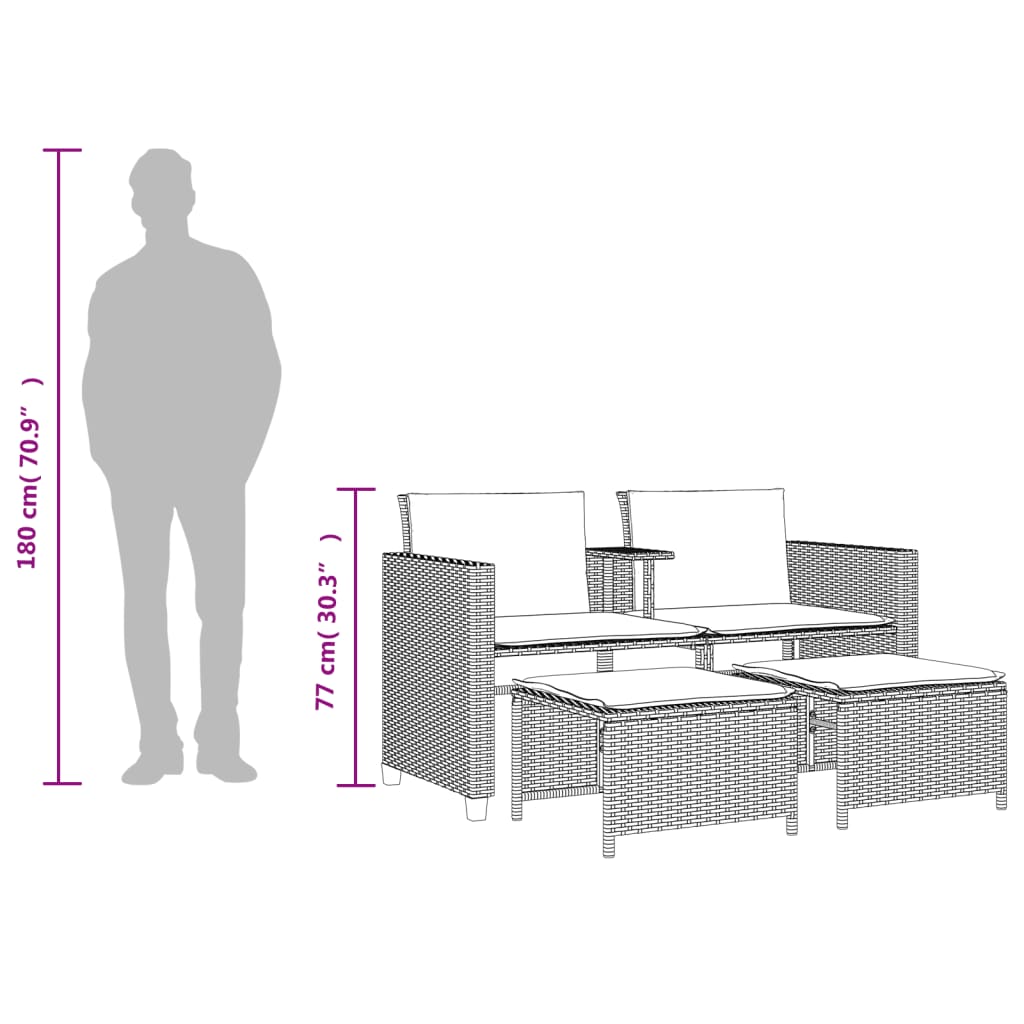 vidaXL 2-os. sofa ogrodowa ze stolikiem i stołkami, szara, polirattan