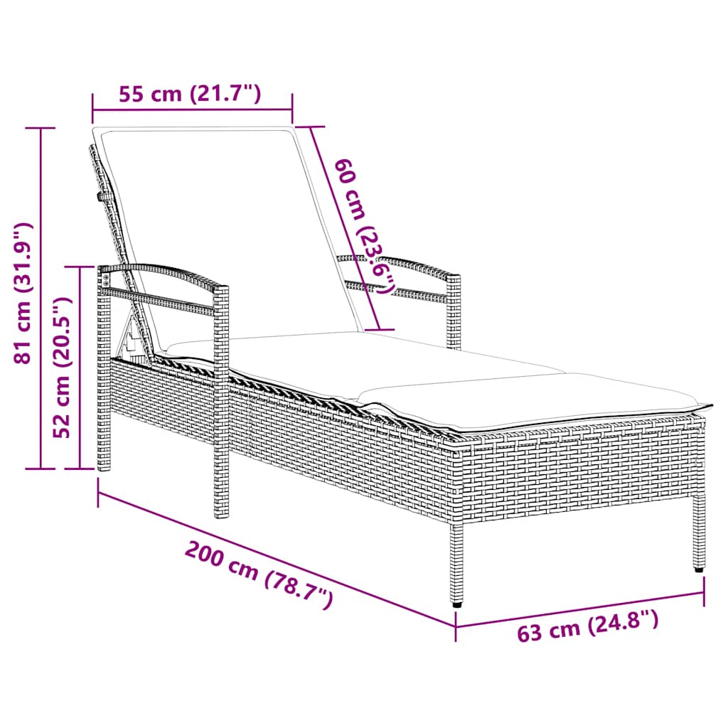 vidaXL | Leżak | z poduszką 1-osoba Szary 63 x 200 x 81 cm polirattan