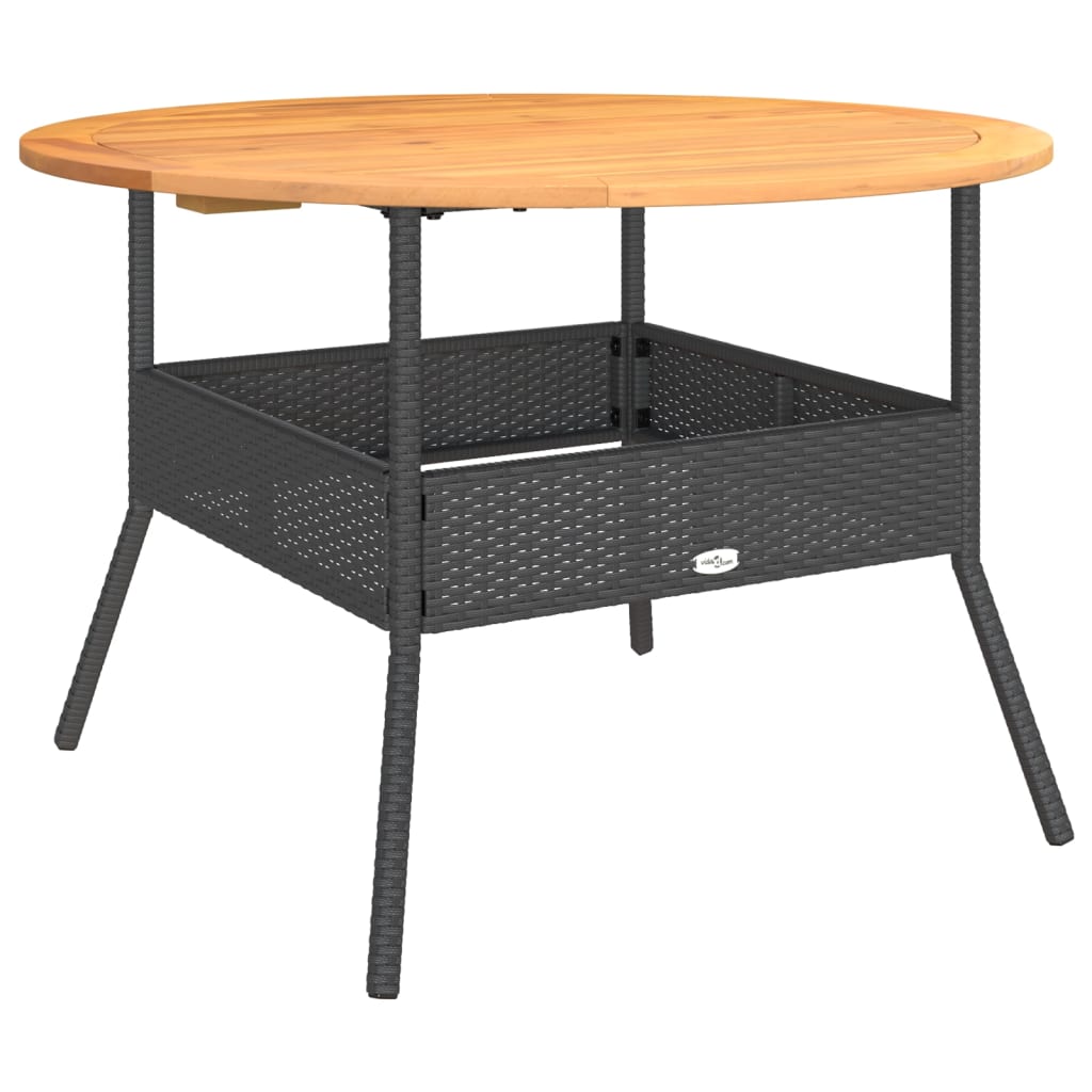 vidaXL Stół ogrodowy z akacjowym blatem, czarny, Ø110x71 cm, rattan PE
