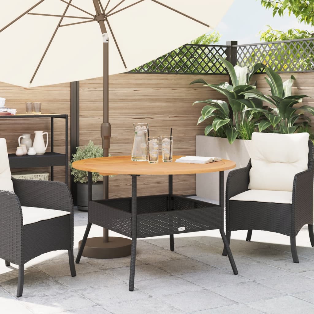 vidaXL Stół ogrodowy z akacjowym blatem, czarny, Ø110x71 cm, rattan PE