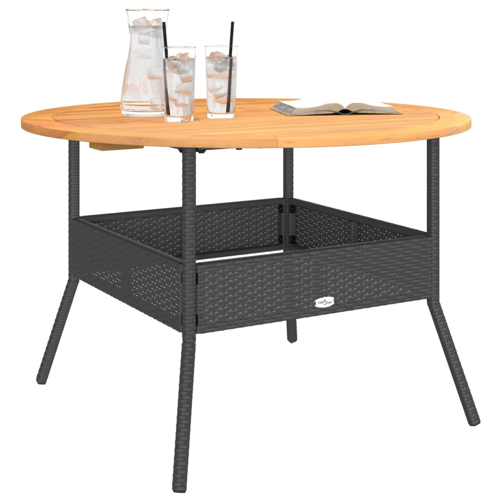 vidaXL Stół ogrodowy z akacjowym blatem, czarny, Ø110x71 cm, rattan PE