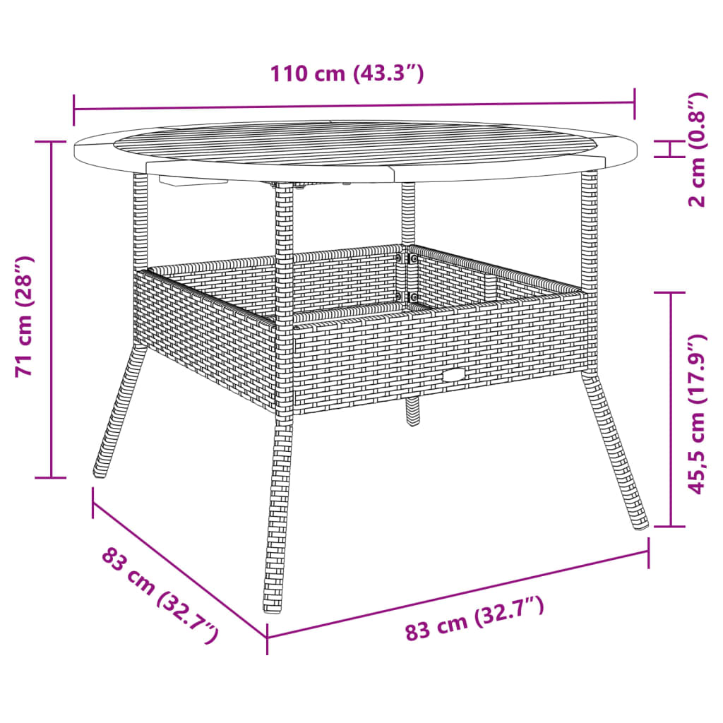 vidaXL Stół ogrodowy z akacjowym blatem, czarny, Ø110x71 cm, rattan PE