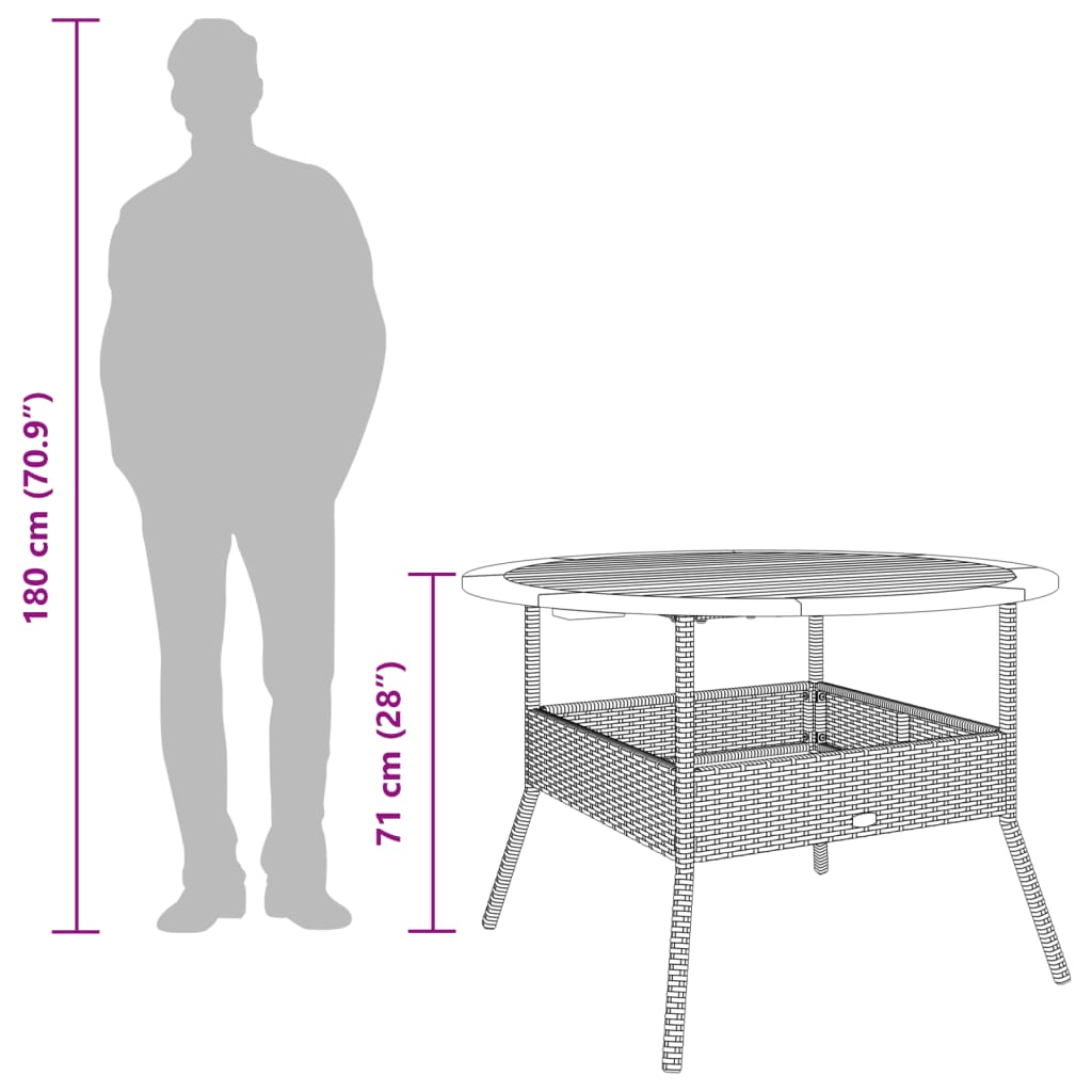 vidaXL Stół ogrodowy z akacjowym blatem, czarny, Ø110x71 cm, rattan PE