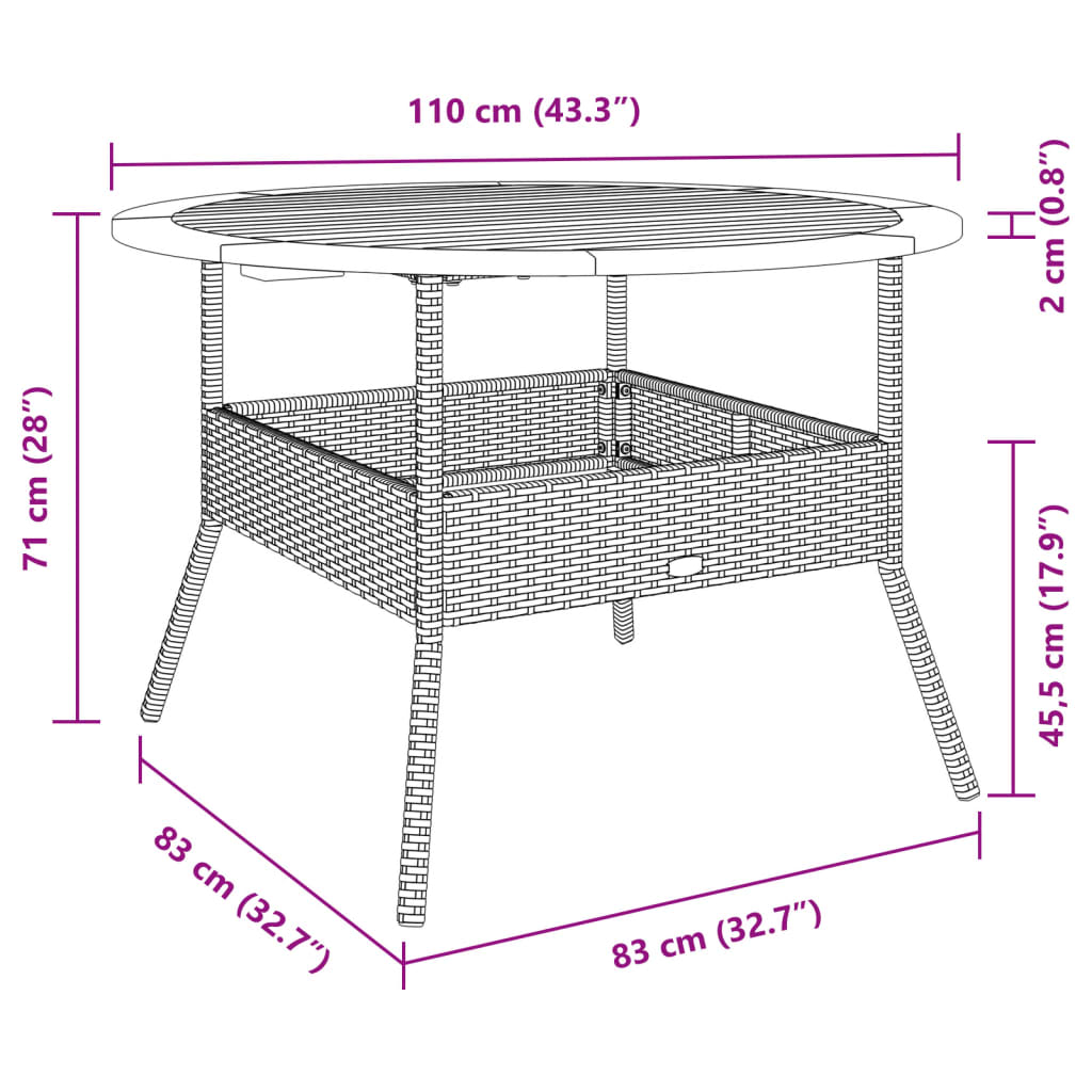 vidaXL Stół ogrodowy z akacjowym blatem, szary, Ø110x71 cm, rattan PE