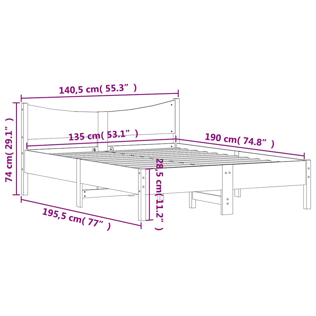 vidaXL Rama łóżka bez materaca, 135x190 cm, lite drewno sosnowe