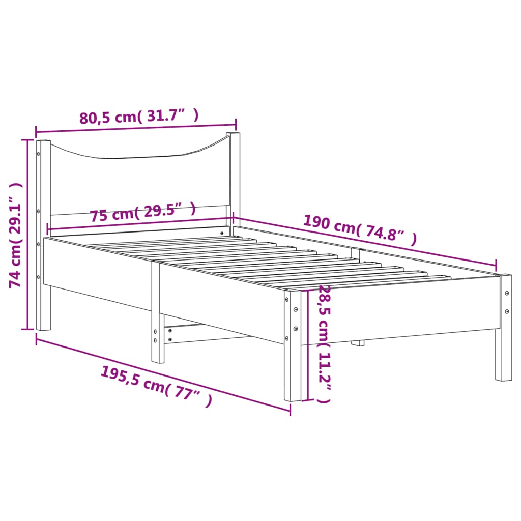 vidaXL Rama łóżka bez materaca, biała, 75x190 cm, lite drewno sosnowe