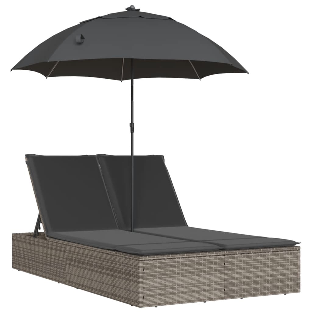 vidaXL Podwójna leżanka z poduszkami i parasolem, szara, polirattan