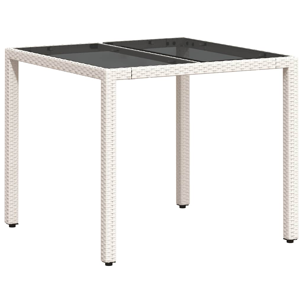 vidaXL Stół ogrodowy ze szklanym blatem, biały 90x90x75 cm, polirattan