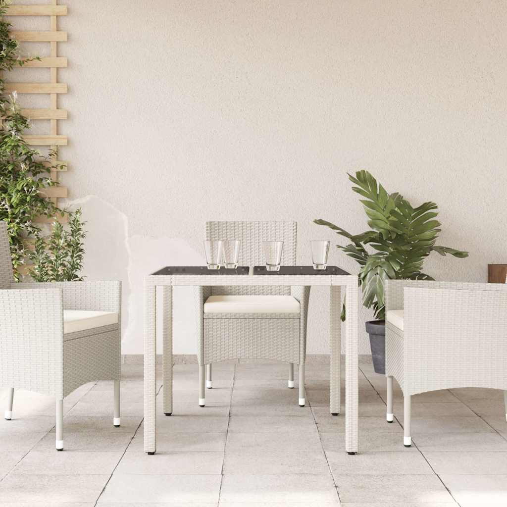 vidaXL Stół ogrodowy ze szklanym blatem, biały 90x90x75 cm, polirattan