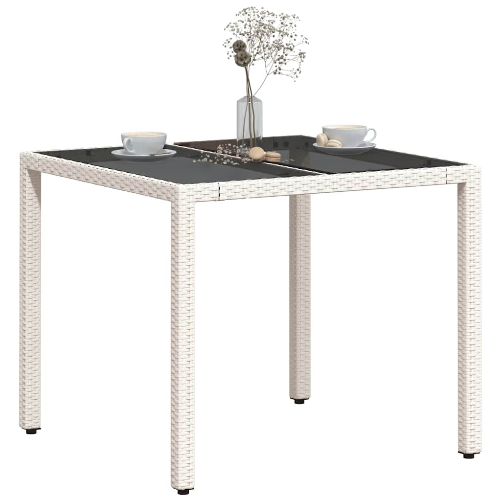 vidaXL Stół ogrodowy ze szklanym blatem, biały 90x90x75 cm, polirattan