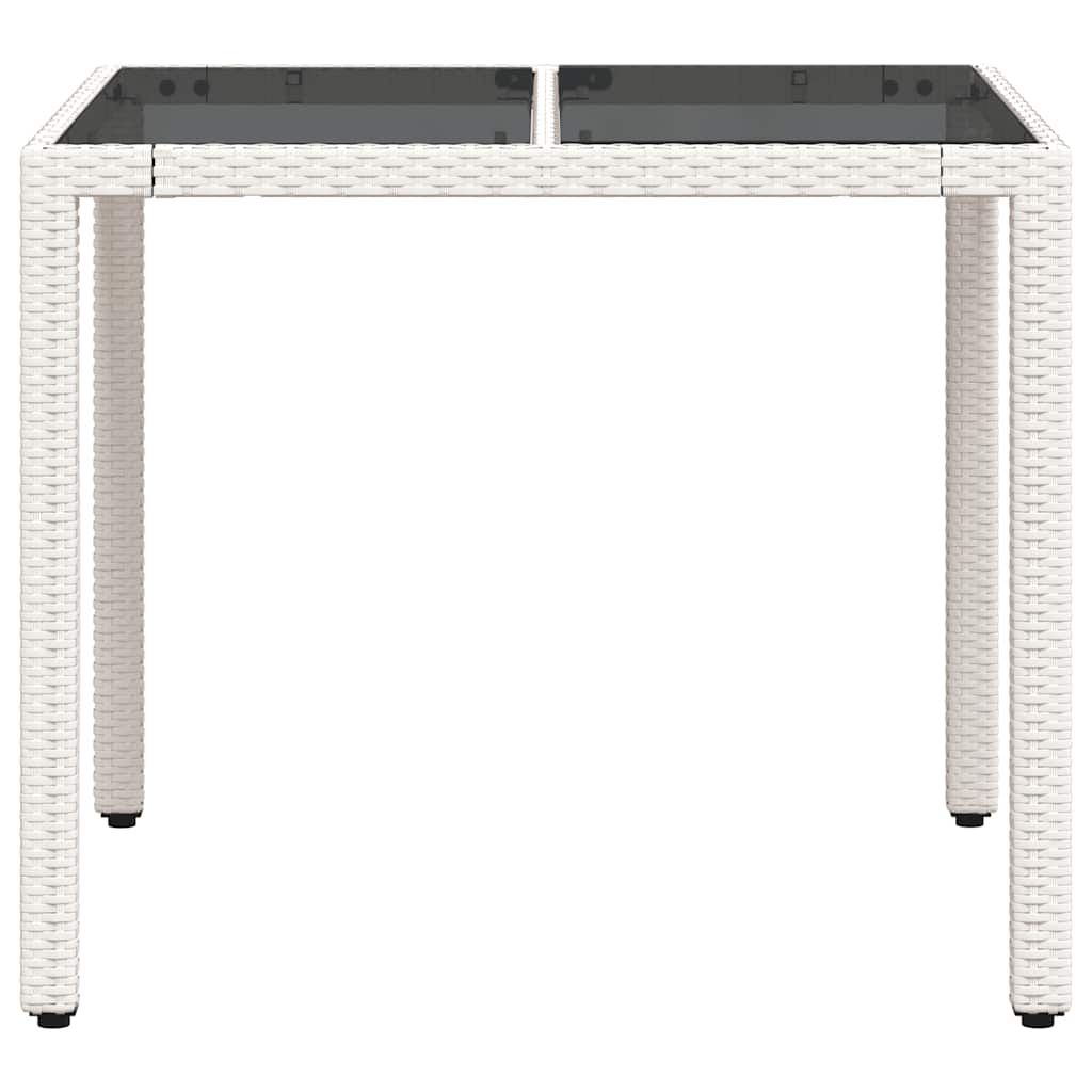 vidaXL Stół ogrodowy ze szklanym blatem, biały 90x90x75 cm, polirattan