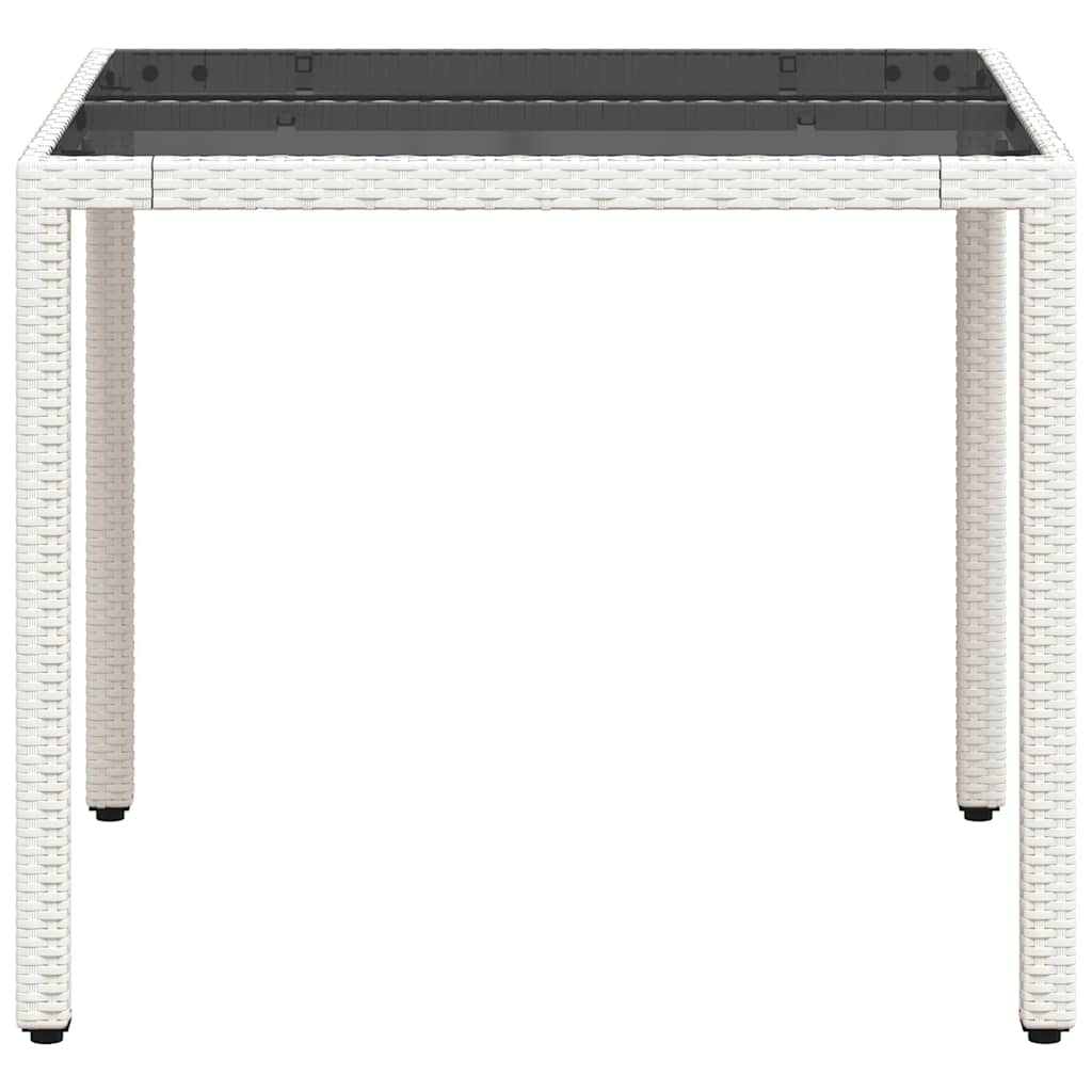 vidaXL Stół ogrodowy ze szklanym blatem, biały 90x90x75 cm, polirattan