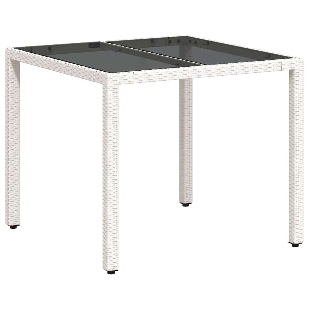 vidaXL Stół ogrodowy ze szklanym blatem, biały 90x90x75 cm, polirattan