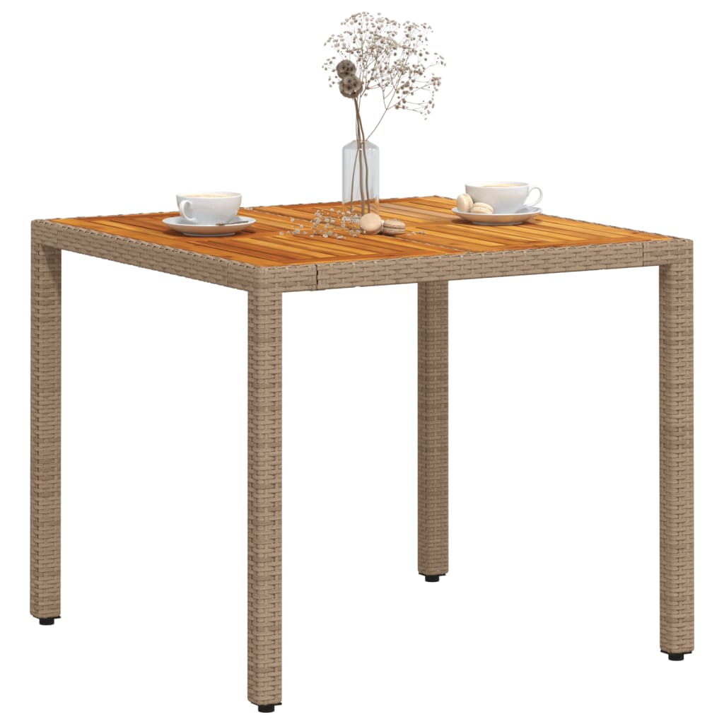 vidaXL Stół ogrodowy, beżowy, 90x90x75 cm, rattan PE i drewno akacjowe