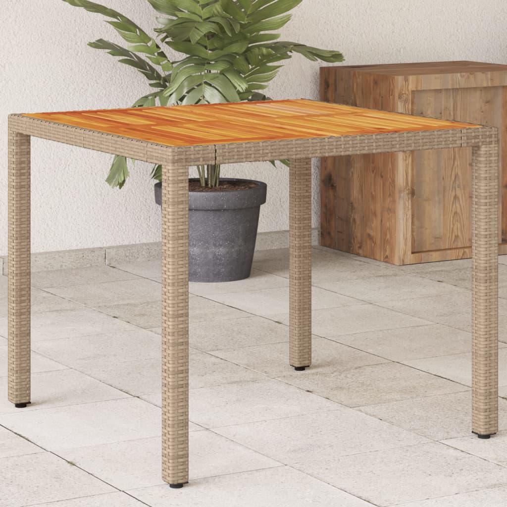 vidaXL Stół ogrodowy, beżowy, 90x90x75 cm, rattan PE i drewno akacjowe