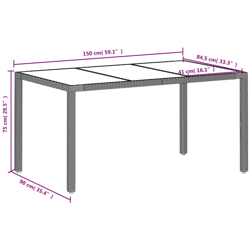 vidaXL Stół ogrodowy ze szklanym blatem, szary 150x90x75 cm, rattan PE