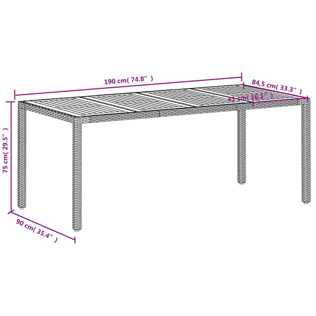 vidaXL Stół ogrodowy, beżowy 190x90x75 cm, rattan PE i drewno akacjowe