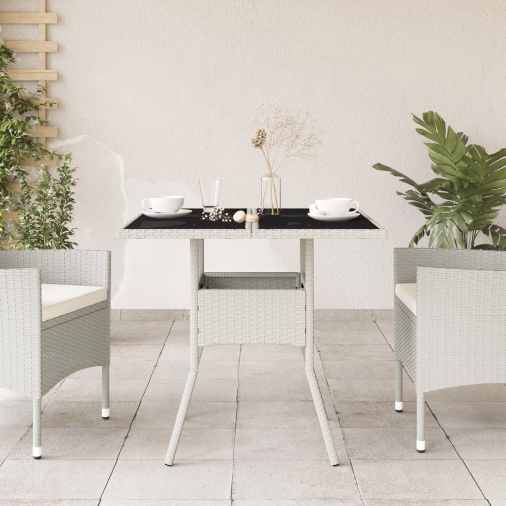 vidaXL Stół ogrodowy ze szklanym blatem, biały 80x80x75 cm, polirattan