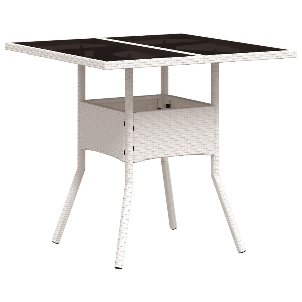 vidaXL Stół ogrodowy ze szklanym blatem, biały 80x80x75 cm, polirattan