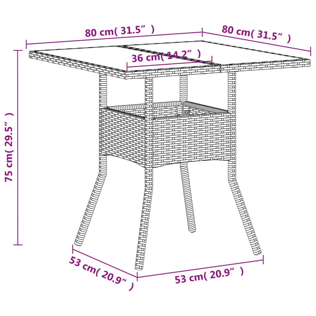 vidaXL Stół ogrodowy ze szklanym blatem, biały 80x80x75 cm, polirattan
