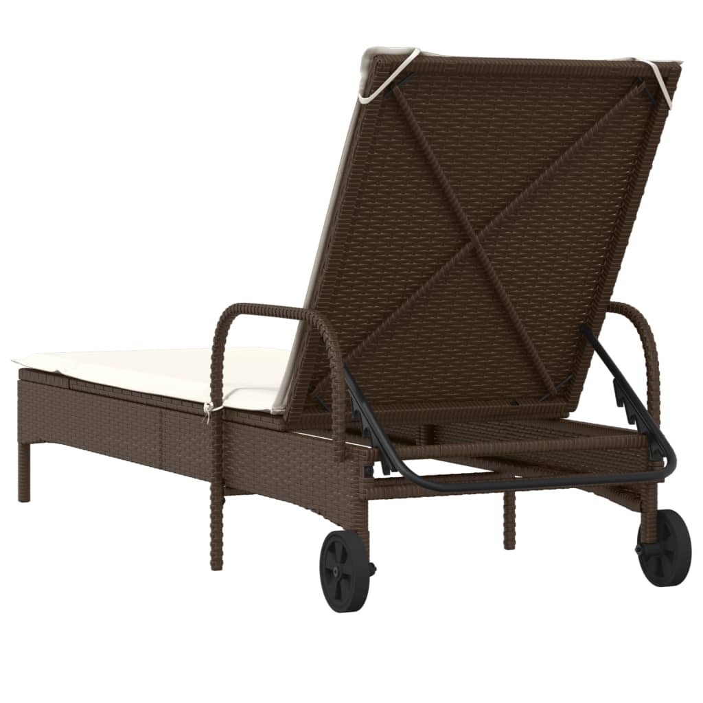 vidaXL Leżak na kółkach, z poduszką, brązowy, polirattan